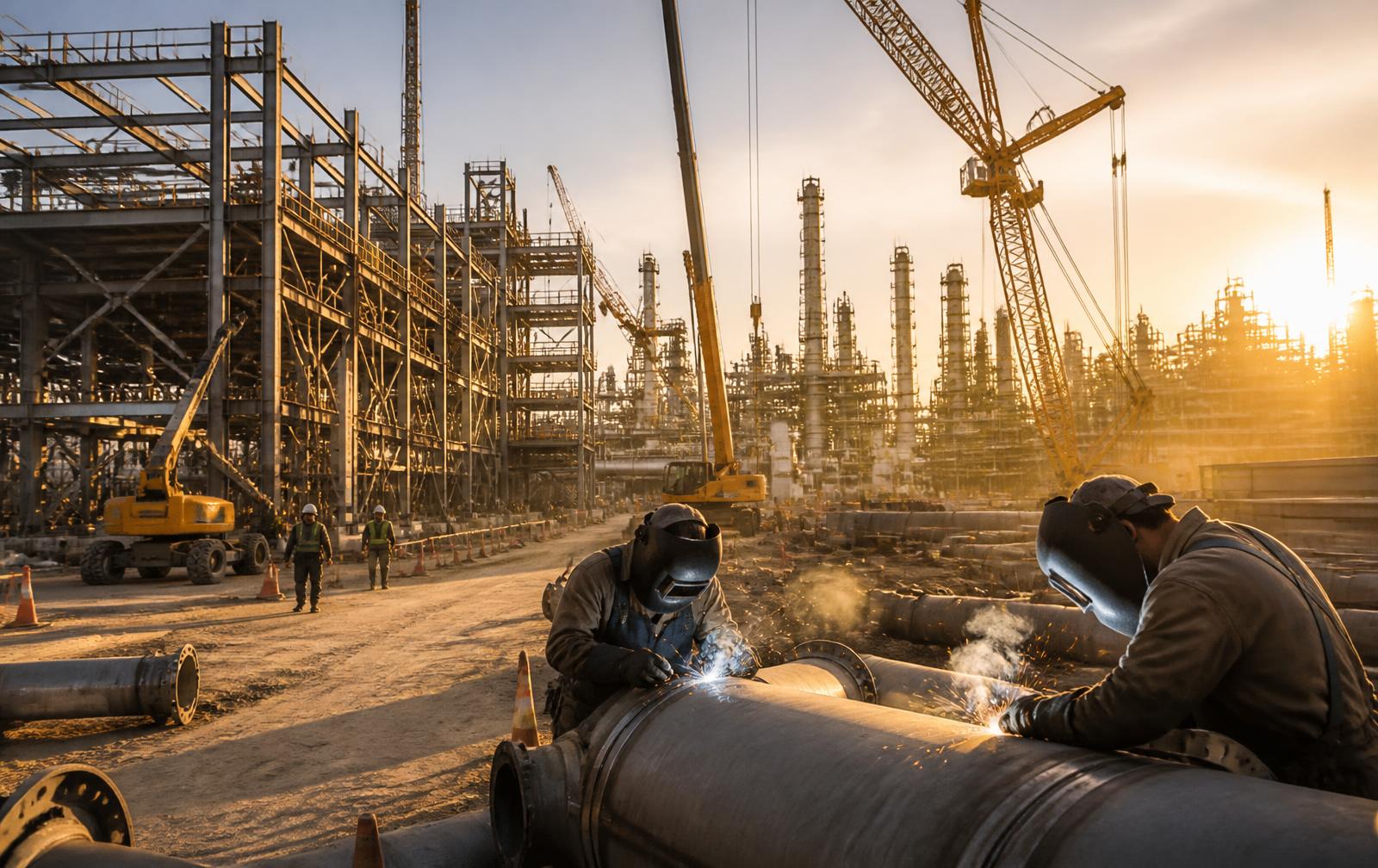 Industrial construction site with structural steel erection, cranes and pipe welding at sunset