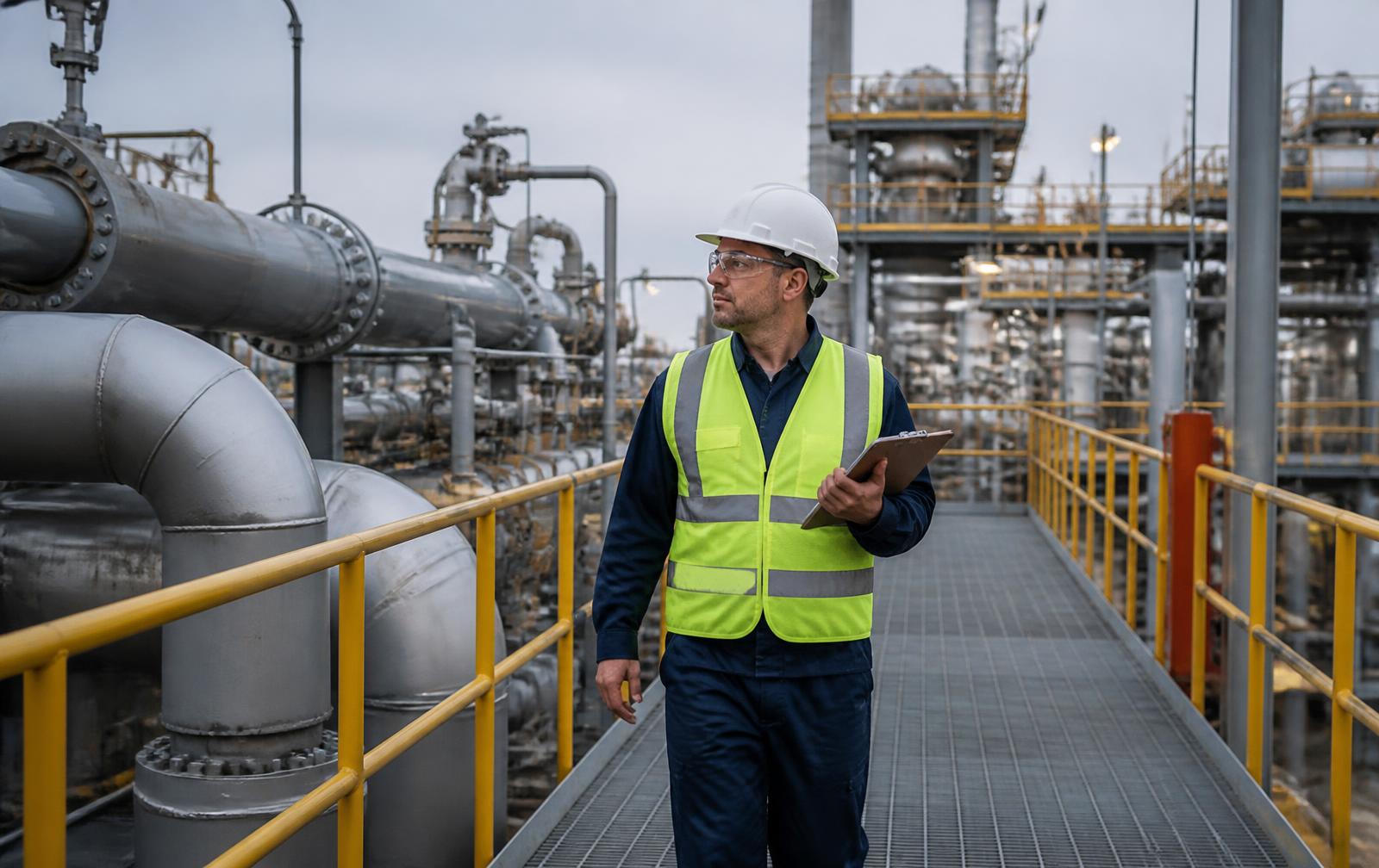 Safety officer in hard hat and high-visibility vest inspecting pipework at a gas processing facility