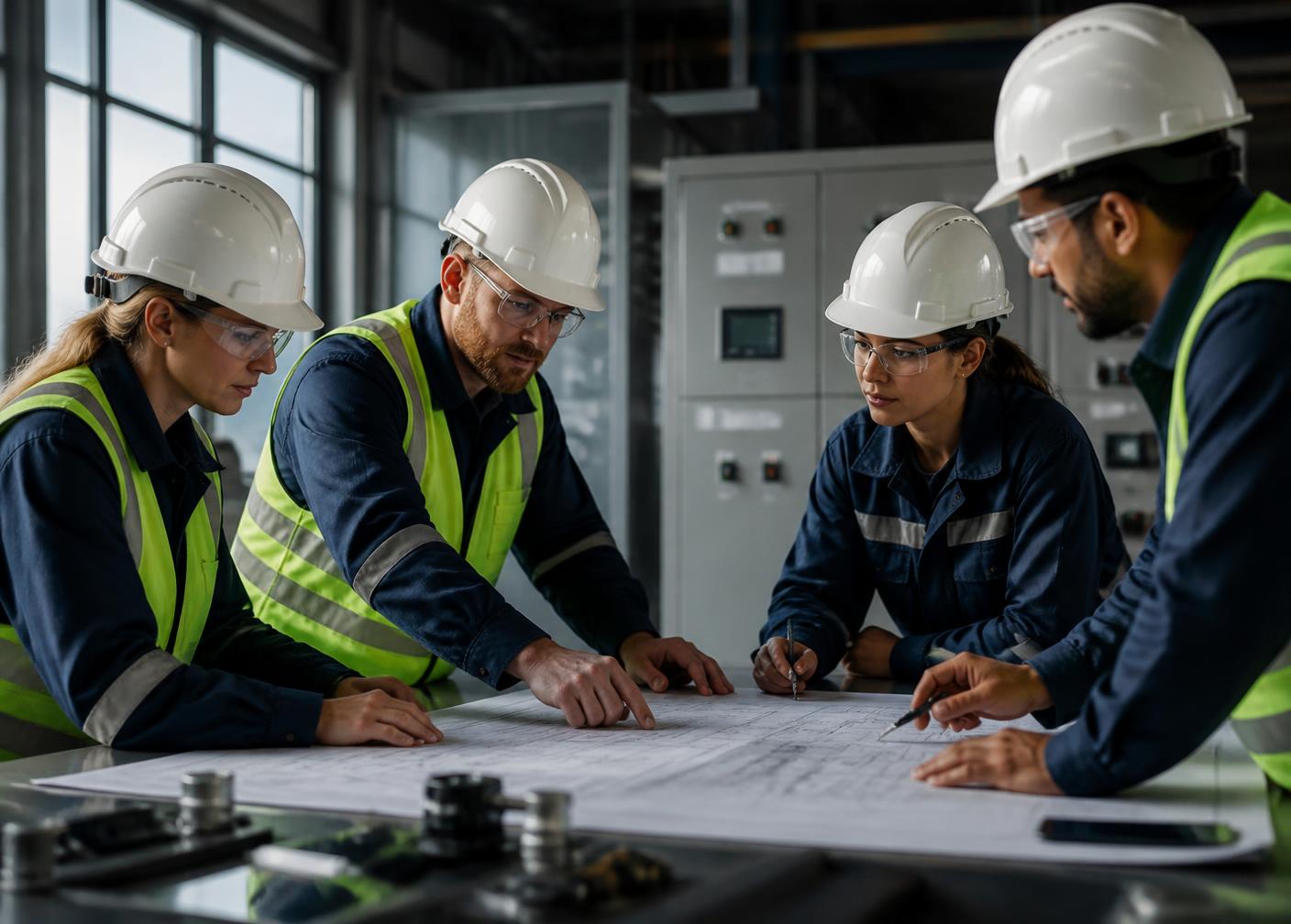 Multidisciplinary engineering team reviewing project drawings at an industrial facility